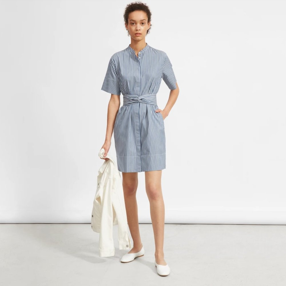 The Cotton Collarless Belted Shirtdress